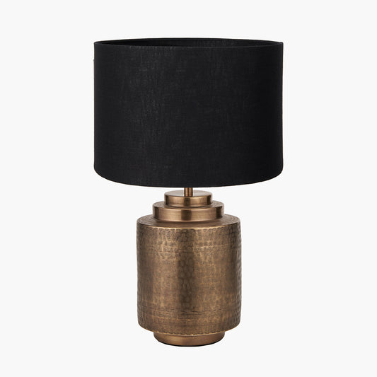 Zuri Antique Brass Metal Pot Table Lamp Base with Lino 40cm Black Self Lined Linen Cylinder Lampshade