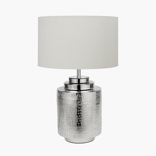 Zuri Shiny Silver Metal Pot Table Lamp Base with Henry 35cm White Handloom Cylinder Lampshade