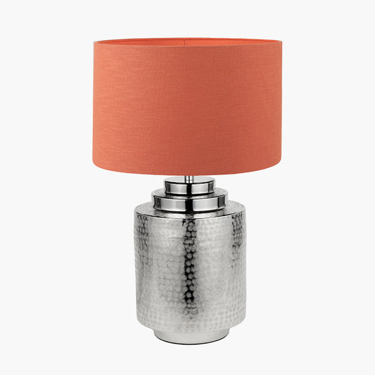 Zuri Shiny Silver Metal Pot Table Lamp Base with Lino 35cm Cinnamon Self Lined Linen Cylinder Lampshade