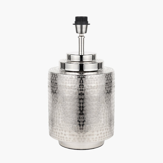 Zuri Shiny Silver Metal Pot Table Lamp Base with Lino 35cm Cinnamon Self Lined Linen Cylinder Lampshade