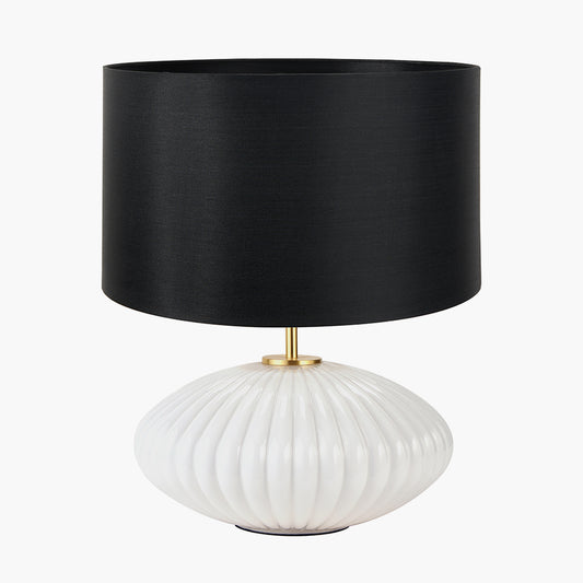 Emilia White Ribbed Glass and Gold Metal Oval Table Lamp Base with Zara 35cm Black Silk Lined Cylinder Lampshade