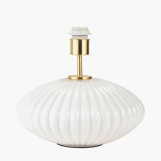 Emilia White Ribbed Glass and Gold Metal Oval Table Lamp Base with Stellan 35cm Gold Slubbed Silk Mix Gold Lined Cylinder Lampshade