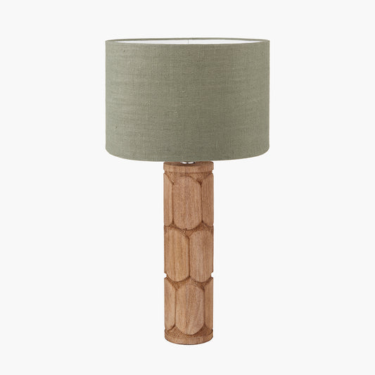 Aurelia Embossed Natural Wood Tall Table Lamp Base with Edward 35cm Pistachio Green Linen Cylinder Lampshade