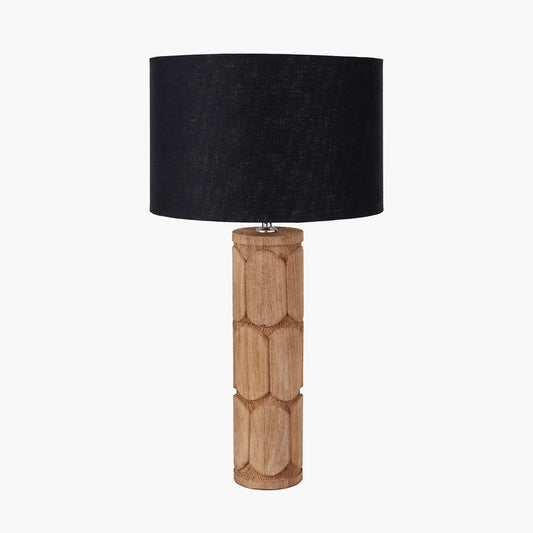 Aurelia Embossed Natural Wood Tall Table Lamp Base with Lino 35cm Black Self Lined Linen Cylinder Lampshade