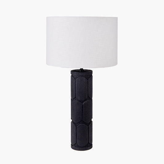 Aurelia Embossed Black Wood Tall Table Lamp Base with Lino 35cm White Self Lined Linen Cylinder Lampshade