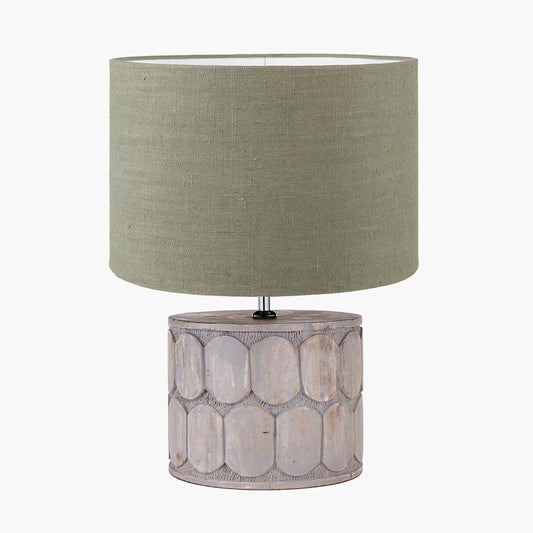 Cezara Embossed Grey Wood Wide Table Lamp Base with Edward 35cm Pistachio Green Linen Cylinder Lampshade
