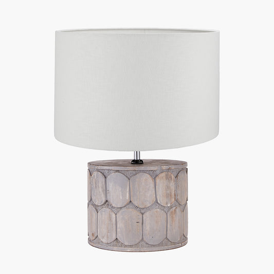 Cezara Embossed Grey Wood Wide Table Lamp Base with Lino 35cm White Self Lined Linen Cylinder Lampshade