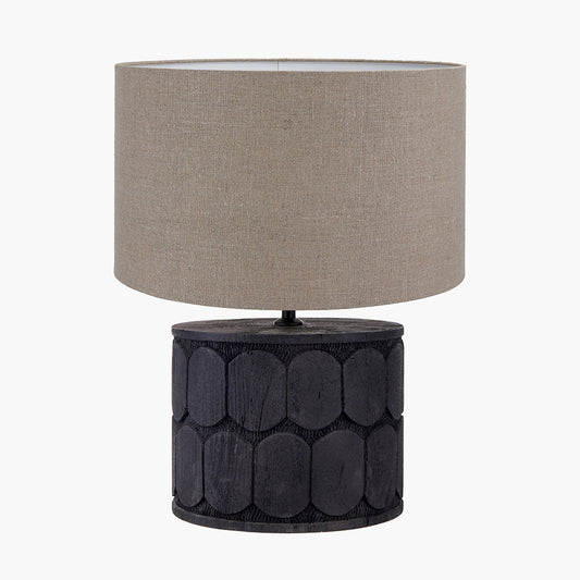 Cezara Embossed Black Wood Wide Table Lamp Base with Edward 35cm Natural Linen Cylinder Lampshade