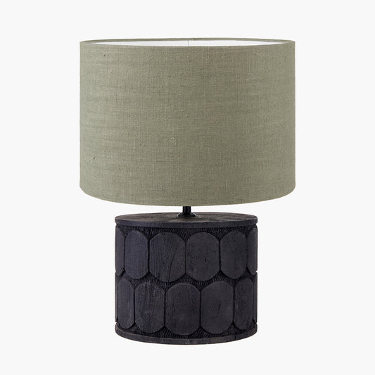 Cezara Embossed Black Wood Wide Table Lamp Base with Edward 35cm Pistachio Green Linen Cylinder Lampshade