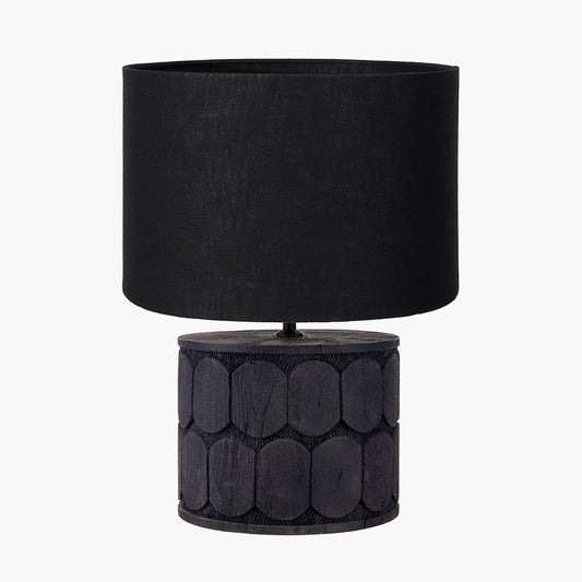 Cezara Embossed Black Wood Wide Table Lamp Base with Lino 35cm Black Self Lined Linen Cylinder Lampshade