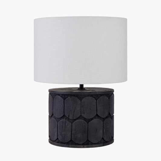 Cezara Embossed Black Wood Wide Table Lamp Base with Lino 40cm White Self Lined Linen Cylinder Lampshade