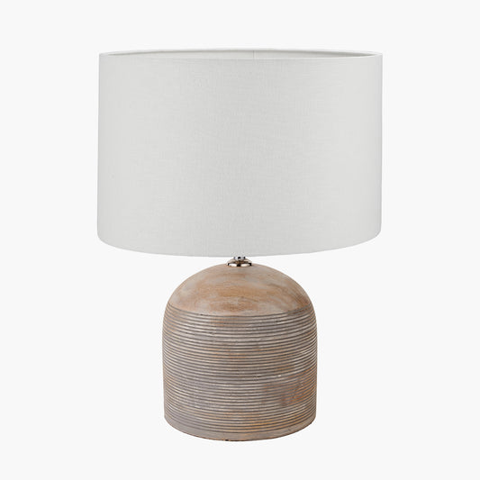 Nelu Grey Engraved Wood Dome Table Lamp Base with Lino 35cm White Self Lined Linen Cylinder Lampshade