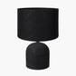 Nelu Black Engraved Wood Dome Table Lamp Base with Lino 35cm Black Self Lined Linen Cylinder Lampshade
