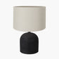 Nelu Black Engraved Wood Dome Table Lamp Base with Lino 35cm Grey Self Lined Linen Cylinder Lampshade