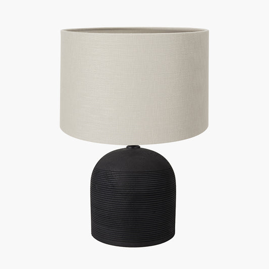 Nelu Black Engraved Wood Dome Table Lamp Base with Lino 35cm Grey Self Lined Linen Cylinder Lampshade