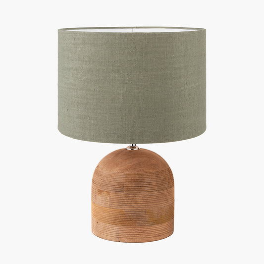 Nelu Natural Engraved Wood Dome Table Lamp Base with Edward 35cm Pistachio Green Linen Cylinder Lampshade