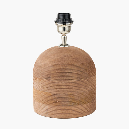 Nelu Natural Engraved Wood Dome Table Lamp Base with Lino 35cm Grey Self Lined Linen Cylinder Lampshade