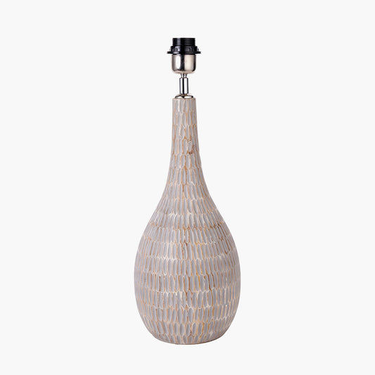 Ioan Grey Engraved Wood Bottle Table Lamp Base with Izara 40cm Ocean Blue Ikat Patterned Mushroom Pleat Tapered Lampshade