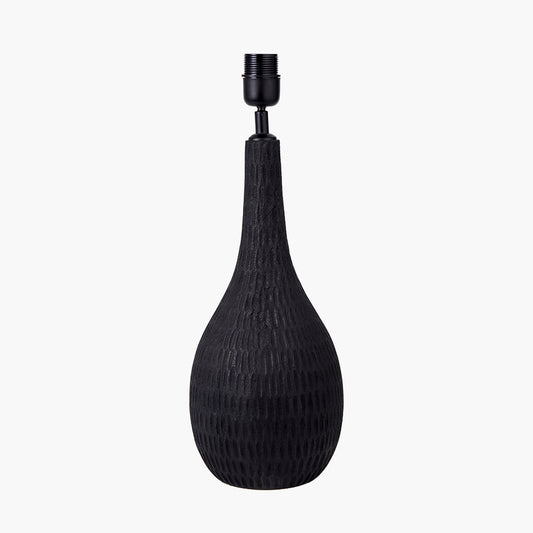 Ioan Black Engraved Wood Bottle Table Lamp Base with Izara 40cm Ocean Blue Ikat Patterned Mushroom Pleat Tapered Lampshade