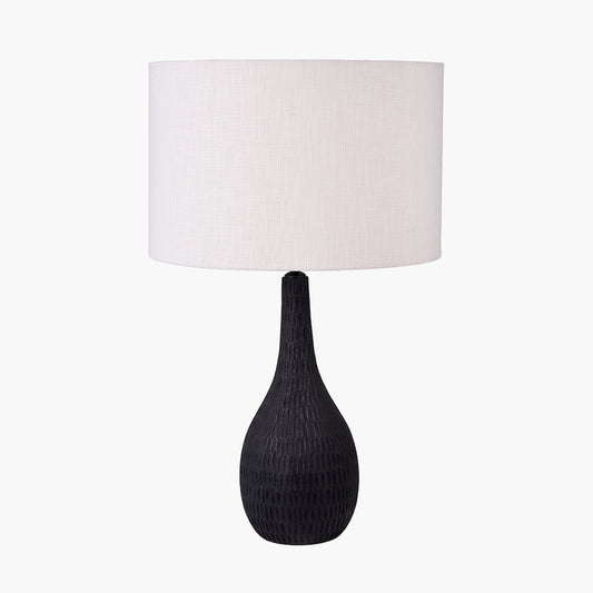 Ioan Black Engraved Wood Bottle Table Lamp Base with Lino 40cm White Self Lined Linen Cylinder Lampshade