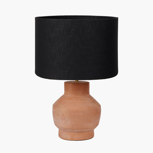 Inna Natural Urn Terracotta Table Lamp Base with Lino 35cm Black Self Lined Linen Cylinder Lampshade