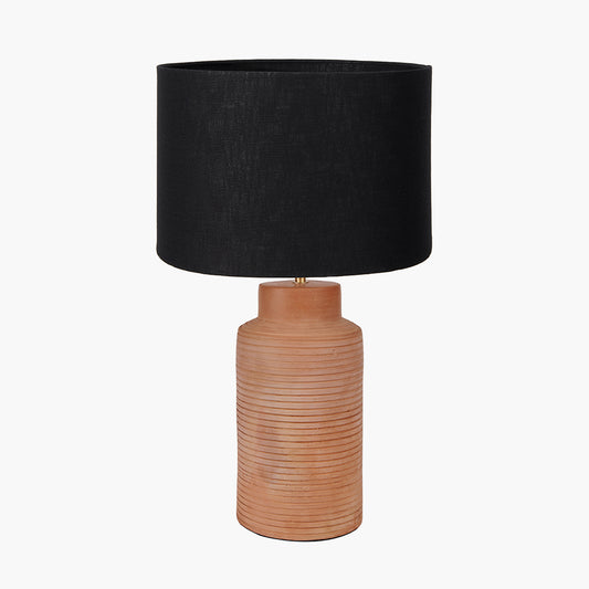 Sierra Natural Tall Ribbed Terracotta Table Lamp Base with Lino 35cm Black Self Lined Linen Cylinder Lampshade
