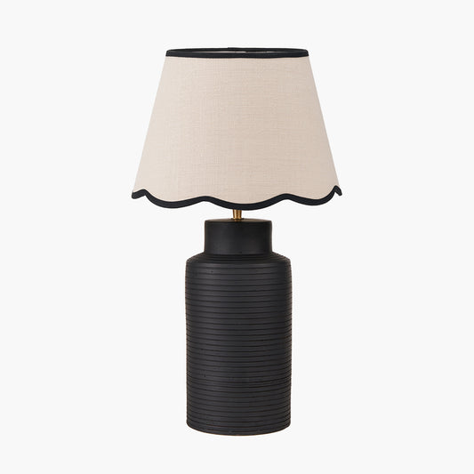 Sierra Black Tall Ribbed Terracotta Table Lamp Base with Tabitha 35cm Cream Jute Scalloped Edge Tapered Lamp Shade with Contrast Binding