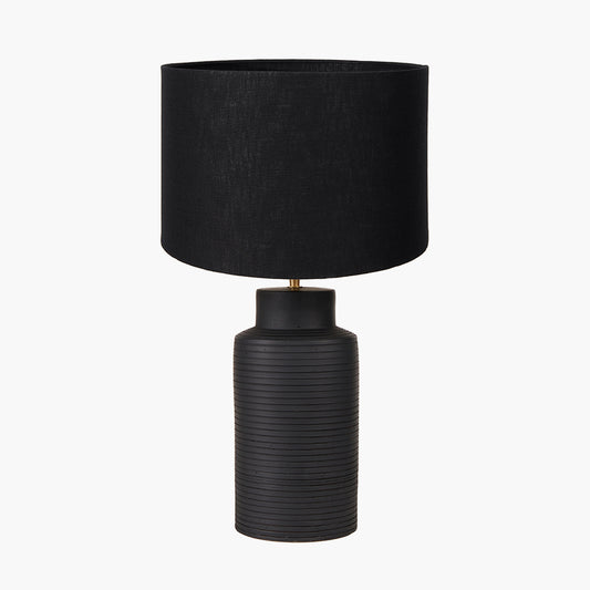 Sierra Black Tall Ribbed Terracotta Table Lamp Base with Lino 35cm Black Self Lined Linen Cylinder Lampshade