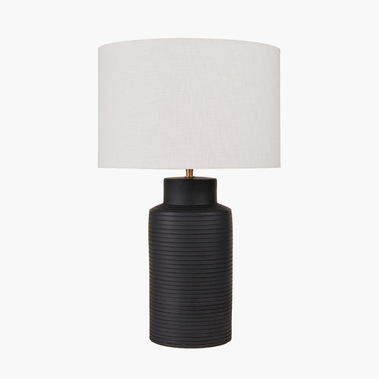Sierra Black Tall Ribbed Terracotta Table Lamp Base with Lino 35cm White Self Lined Linen Cylinder Lampshade