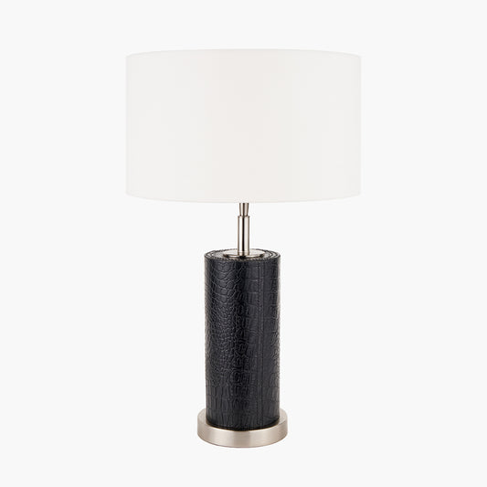 Laurence Black Croc Leather and Silver Cylindrical Table Lamp Base with Henry 35cm White Handloom Cylinder Lampshade