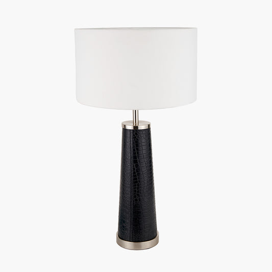 Laurence Black Croc Leather and Silver Table Lamp Base with Henry 40cm White Handloom Cylinder Lampshade
