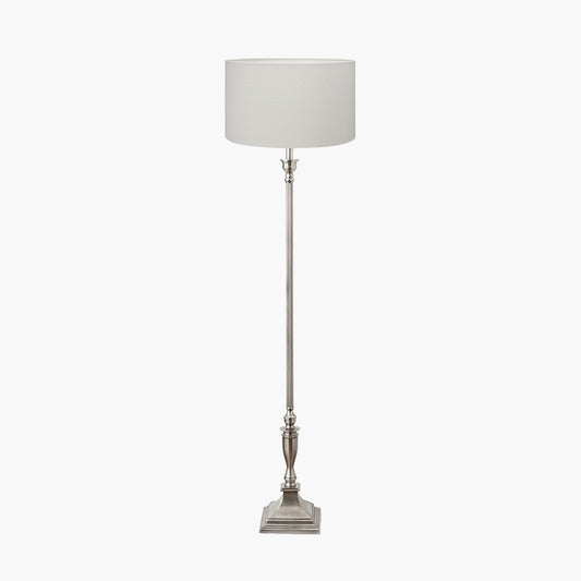 Canterbury Antique Silver Metal Floor Lamp Base with Henry 45cm White Handloom Cylinder Lampshade