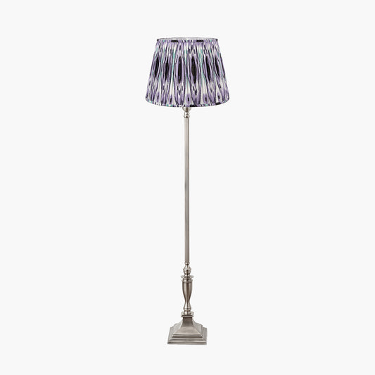 Canterbury Antique Silver Metal Floor Lamp Base with Izara 45cm Lilac Ikat Patterned Mushroom Pleat Tapered Lampshade