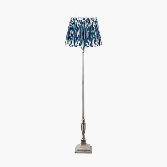 Canterbury Antique Silver Metal Floor Lamp Base with Izara 45cm Ocean Blue Ikat Patterned Mushroom Pleat Tapered Lampshade
