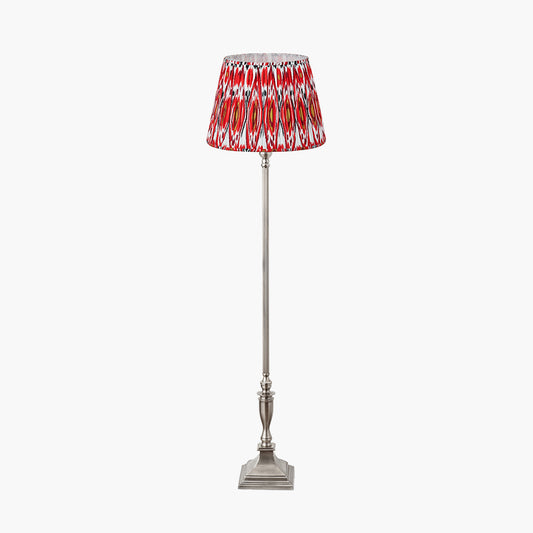 Canterbury Antique Silver Metal Floor Lamp Base with Izara 45cm Red Ikat Patterned Mushroom Pleat Tapered Lampshade