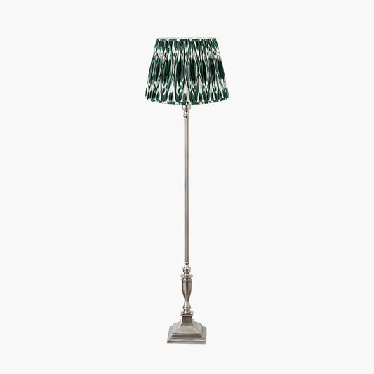 Canterbury Antique Silver Metal Floor Lamp Base with Izara 45cm Racing Green Ikat Patterned Mushroom Pleat Tapered Lampshade