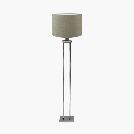 Langston Nickel Metal Column Floor Lamp Base with Edward 45cm Pistachio Green Linen Cylinder Lampshade