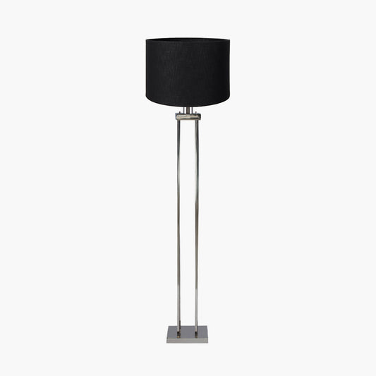Langston Nickel Metal Column Floor Lamp Base with Lino 45cm Black Self Lined Linen Cylinder Lampshade