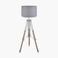 Port Nickel and Wood Tripod Floor Lamp Base with Lino 55cm Steel Grey Self Lined Linen Cylinder Lampshade