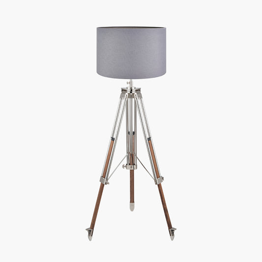 Port Nickel and Wood Tripod Floor Lamp Base with Lino 55cm Steel Grey Self Lined Linen Cylinder Lampshade