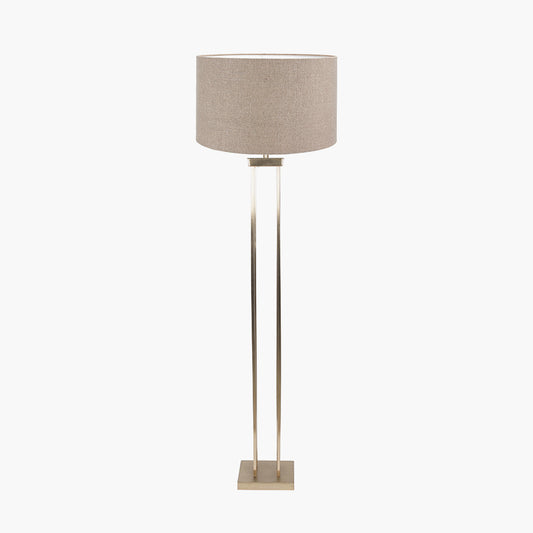 Langston Satin Brass Metal Column Floor Lamp Base with Edward 45cm Natural Linen Cylinder Lampshade