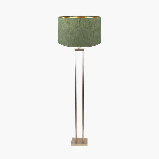 Langston Satin Brass Metal Column Floor Lamp Base with Stellan 45cm Green Slubbed Silk Mix Gold Lined Cylinder Lampshade