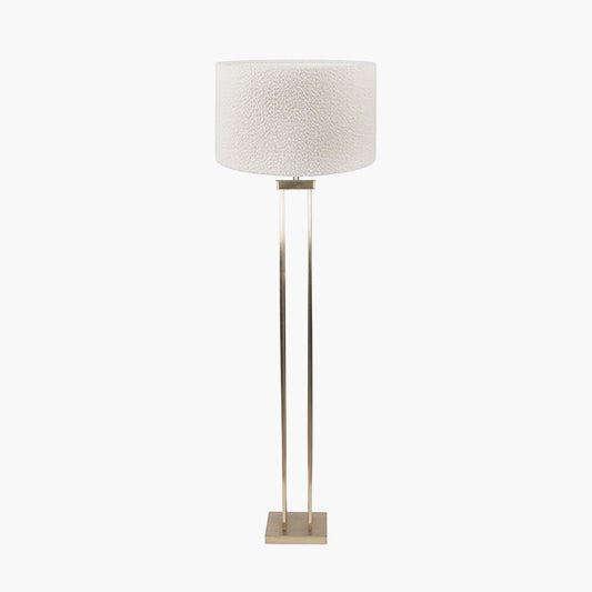 Langston Satin Brass Metal Column Floor Lamp Base with Rouen 45cm White Boucle Cylinder Lampshade