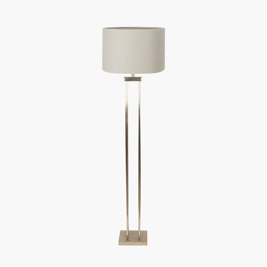 Langston Satin Brass Metal Column Floor Lamp Base with Lino 45cm Grey Self Lined Linen Cylinder Lampshade