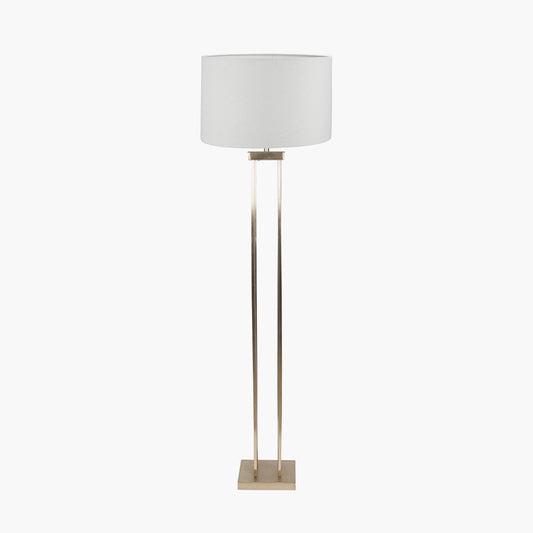 Langston Satin Brass Metal Column Floor Lamp Base with Lino 45cm White Self Lined Linen Cylinder Lampshade
