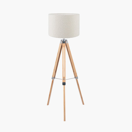 Sumba Bamboo Tripod Floor Lamp Base with Rouen 40cm White Boucle Cylinder Lampshade