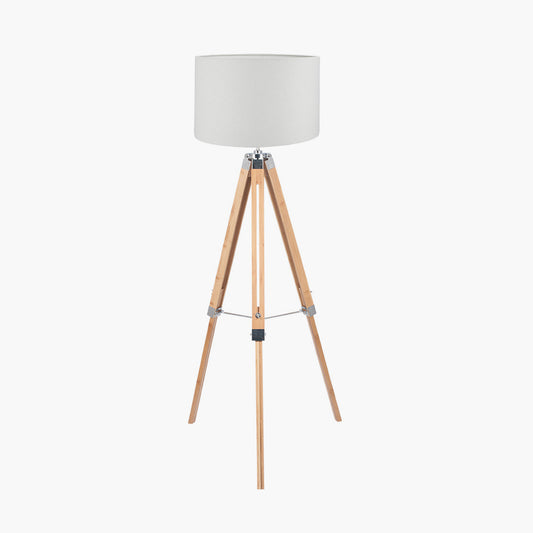 Sumba Bamboo Tripod Floor Lamp Base with Lino 40cm White Self Lined Linen Cylinder Lampshade