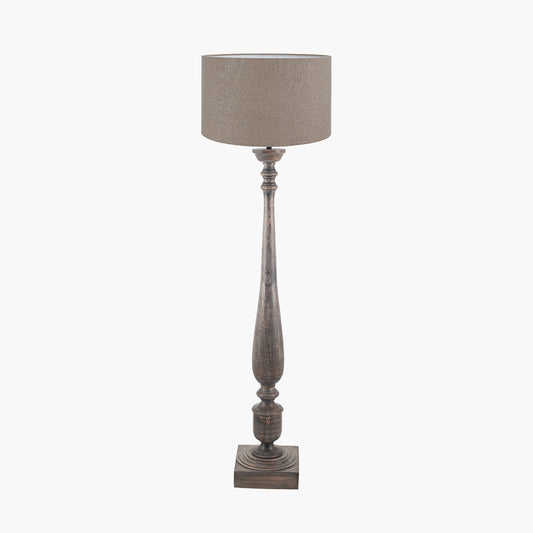 Alia Grey Wash Turned Mango Wood Floor Lamp Base with Edward 45cm Natural Linen Cylinder Lampshade