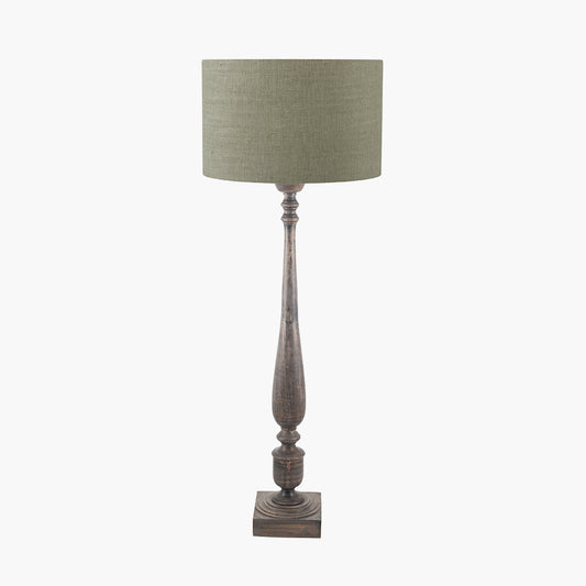Alia Grey Wash Turned Mango Wood Floor Lamp Base with Edward 45cm Pistachio Green Linen Cylinder Lampshade