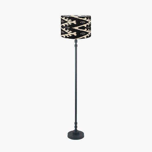 Rhode Matt Black Stick Metal Floor Lamp Base with Lars 40cm Black Ikat Patterned Cylinder Lampshade